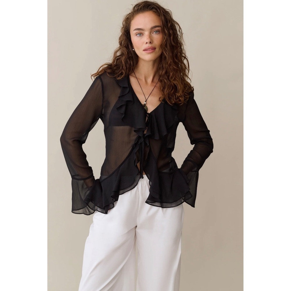 Kourt Black Ruffle Sheer Chiffon Blouse Long Sleeve V-Neck Top Size 6 NEW